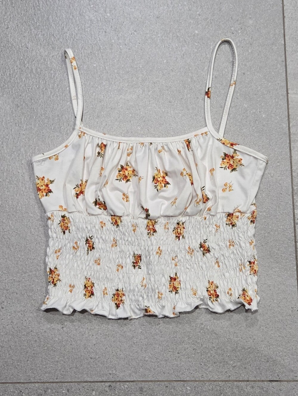 Streetwear Society Cream Smocked Floral Crop Top with Yellow-Orange Blossoms - M